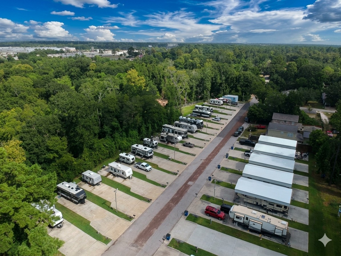 Aerial view showing the park's location just off I-45