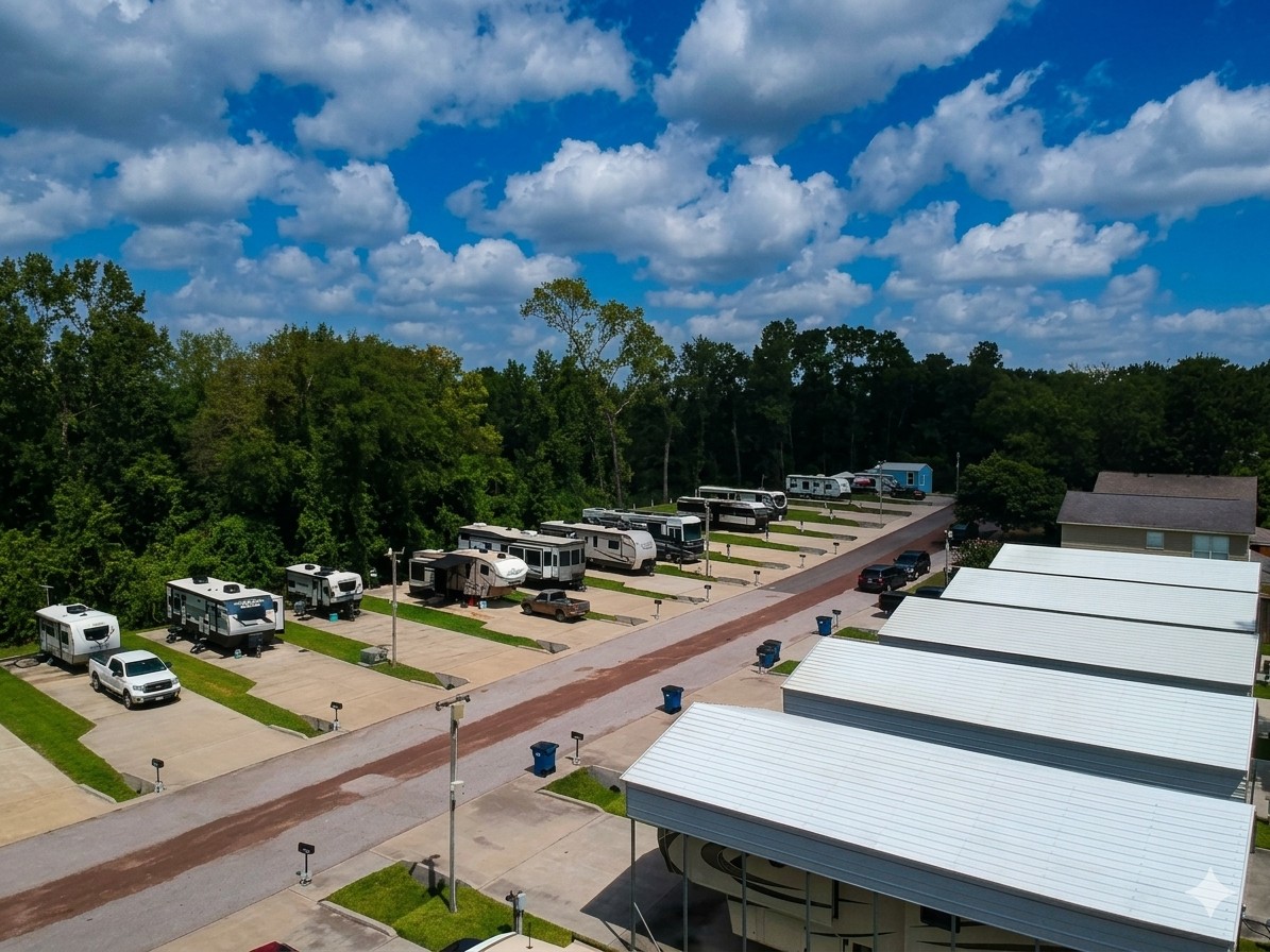 Aerial view of the park with covered spots and blue skies