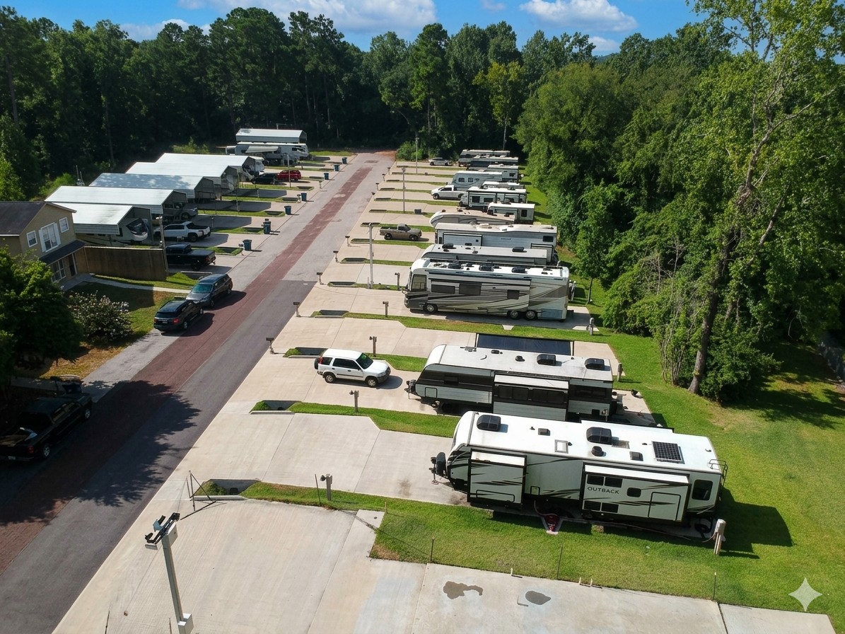Aerial view of RV sites and the main road through the park