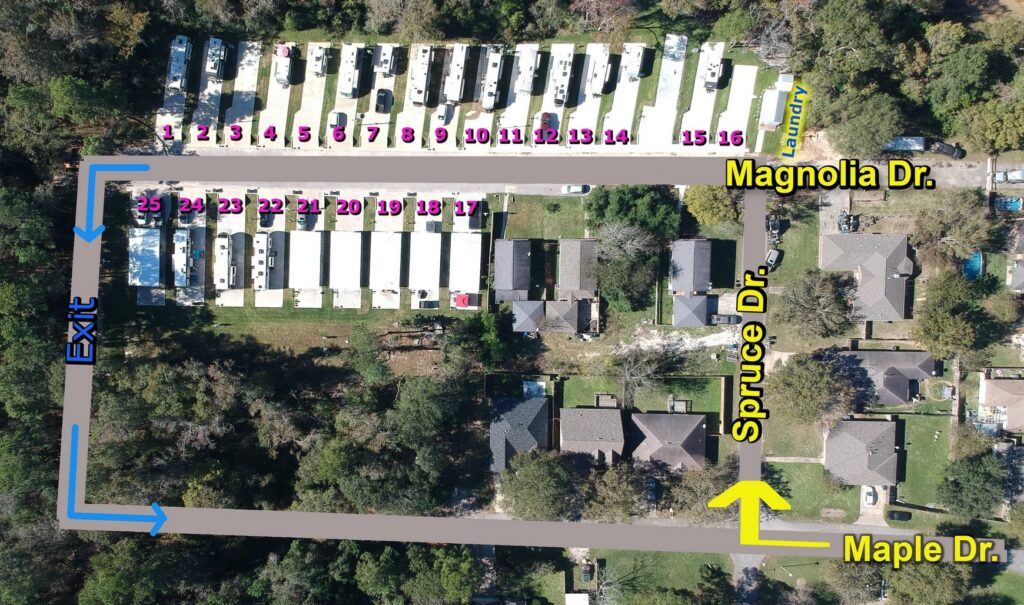 Annotated site map of The Woodland RV Park showing numbered sites 1-25 and streets including Magnolia Dr, Spruce Dr, and Maple Dr